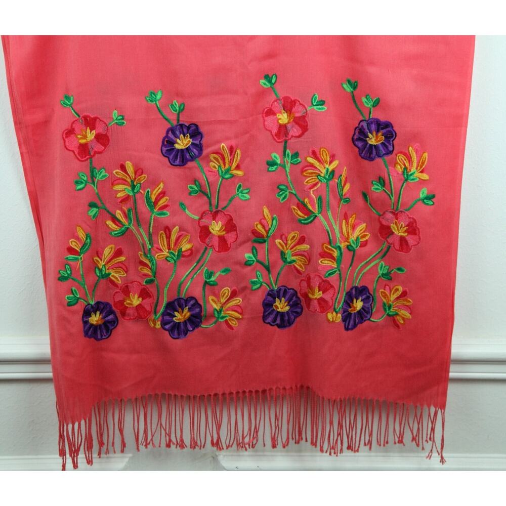 Womens Scarf Pink Floral Embroidered Dainty 26" x 70" Boho Feminine Fairy Dainty